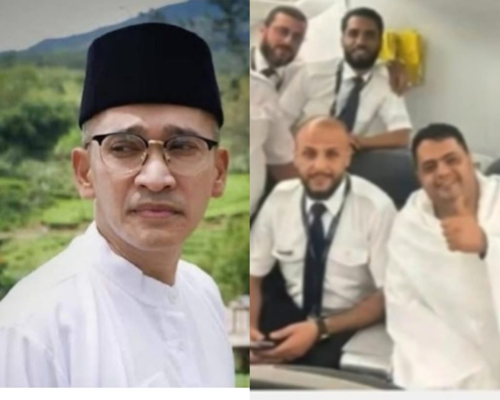 Ruben Onsu & Amer Al Gaddafi bersama kru pesawat (Kolase Foto: Ist) 